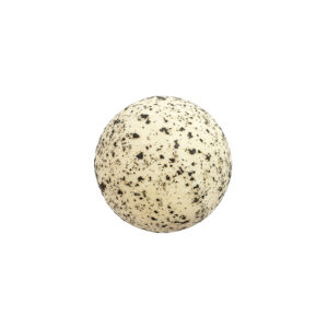 white chocolate ball covered with a coat of cream-white colour with random black spots.