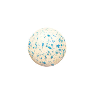 white chocolate ball, covered with a coat of cream-white colour with random blue spots.